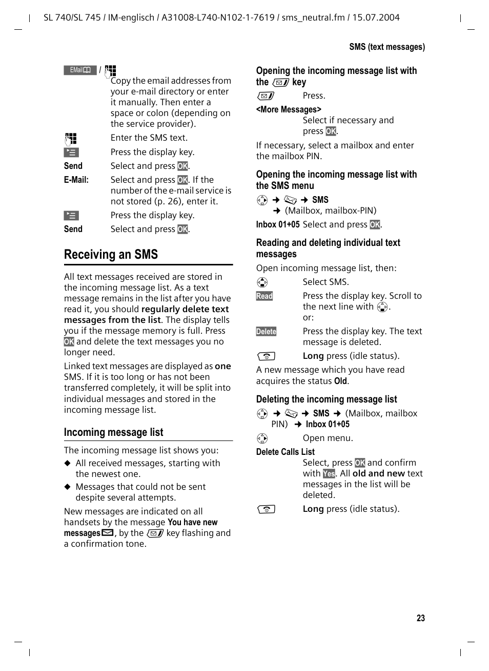 Receiving an sms, Incoming message list | Siemens Gigaset SL 740 User Manual | Page 24 / 76