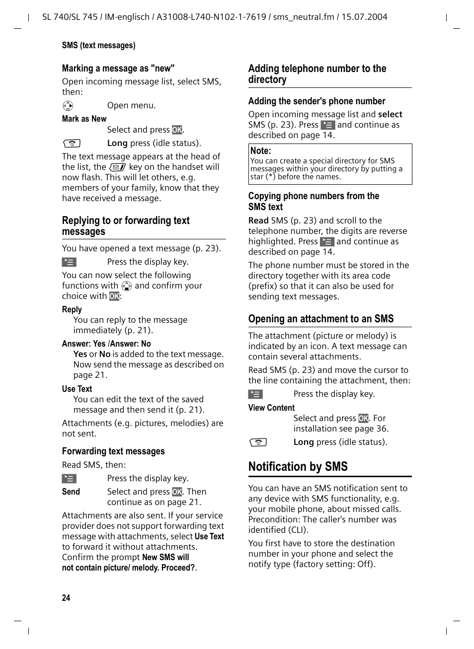 Replying to or forwarding text messages, Adding telephone number to the directory, Opening an attachment to an sms | Notification by sms | Siemens Gigaset SL 740 User Manual | Page 25 / 76