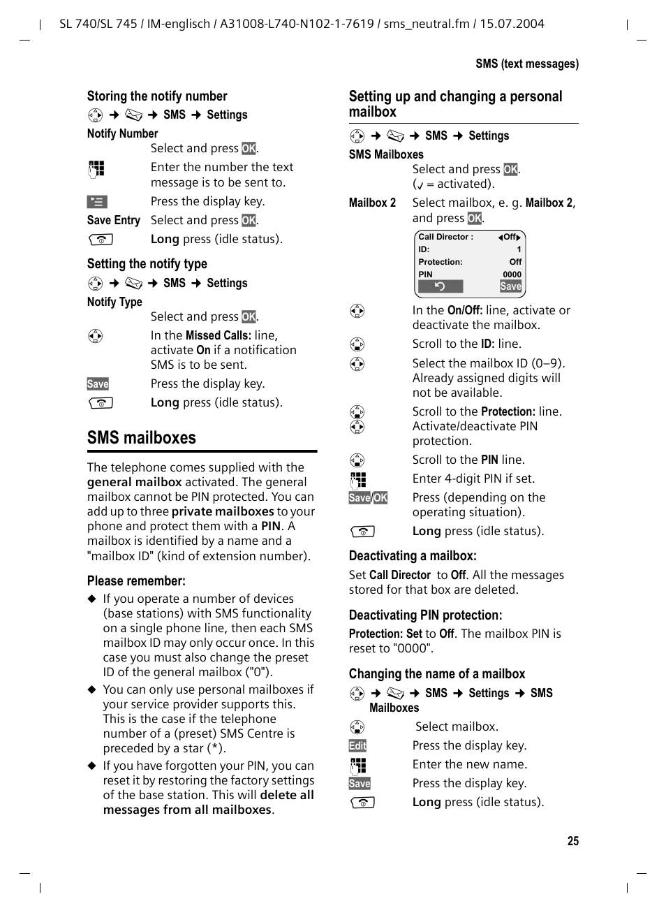 Sms mailboxes, Setting up and changing a personal mailbox | Siemens Gigaset SL 740 User Manual | Page 26 / 76