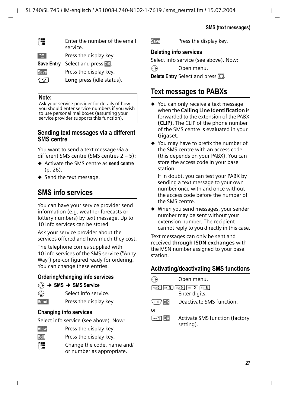 Sending text messages via a different sms centre, Sms info services, Text messages to pabxs | Activating/deactivating sms functions, Sms info services text messages to pabxs | Siemens Gigaset SL 740 User Manual | Page 28 / 76