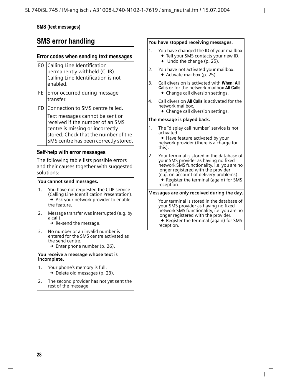 Sms error handling | Siemens Gigaset SL 740 User Manual | Page 29 / 76