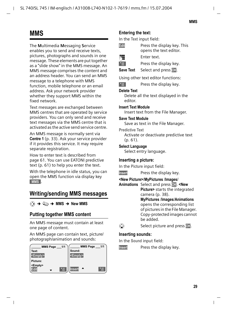 Writing/sending mms messages, Putting together mms content, Ork (p. 29); y | Siemens Gigaset SL 740 User Manual | Page 30 / 76