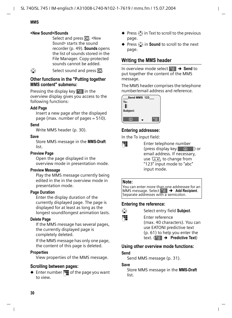 Writing the mms header | Siemens Gigaset SL 740 User Manual | Page 31 / 76