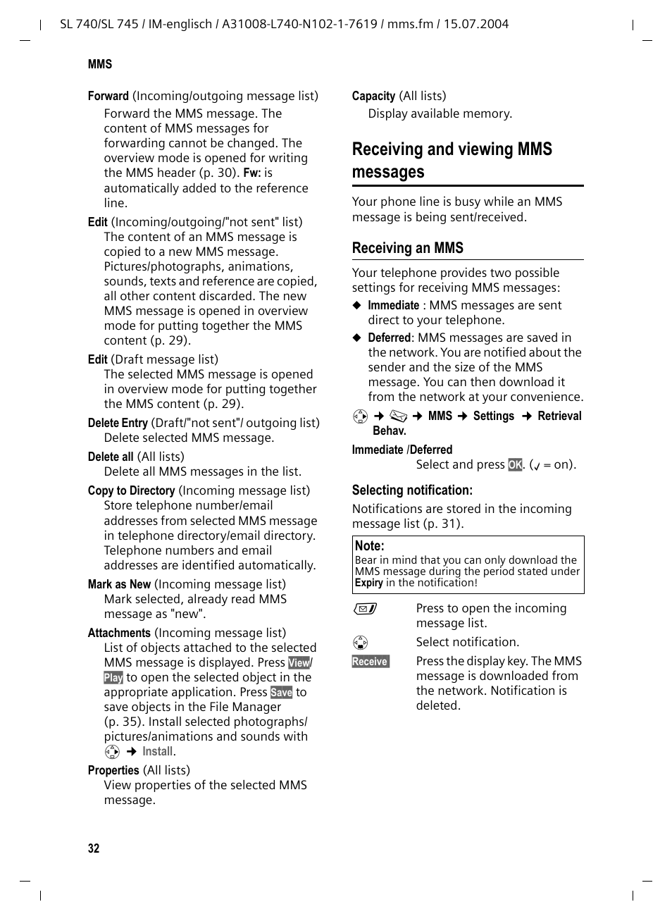 Receiving and viewing mms messages, Receiving an mms, Tifications (p. 32) | Siemens Gigaset SL 740 User Manual | Page 33 / 76