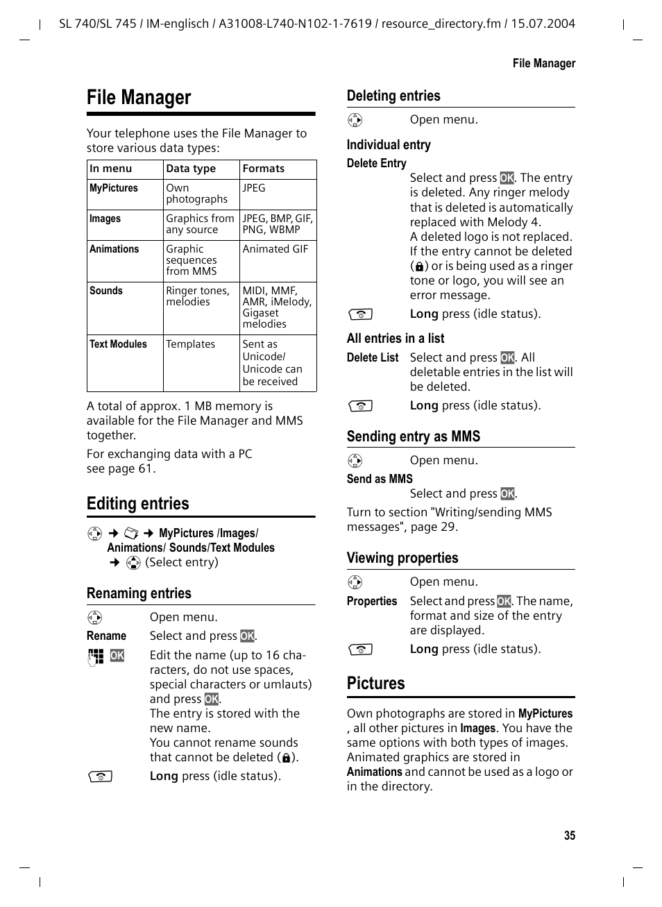 File manager, Editing entries, Renaming entries | Deleting entries, Sending entry as mms, Viewing properties, Pictures, Editing entries pictures, P. 35) | Siemens Gigaset SL 740 User Manual | Page 36 / 76