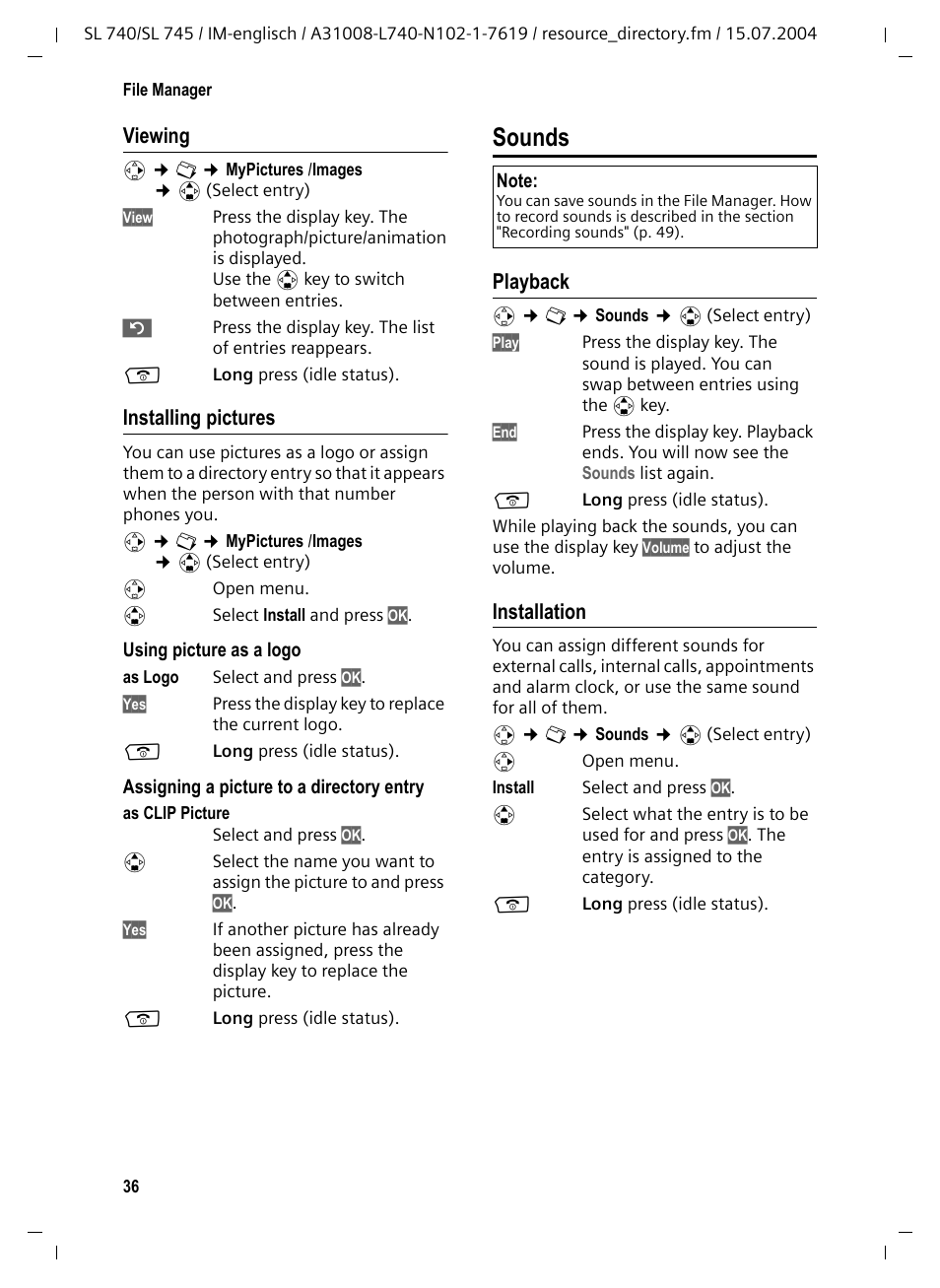 Viewing, Installing pictures, Sounds | Playback, Installation, Sounds (p. 36) | Siemens Gigaset SL 740 User Manual | Page 37 / 76