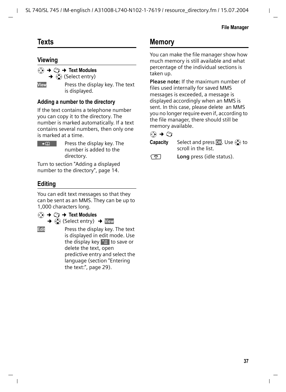 Viewing, Editing, Texts memory | Texts | Siemens Gigaset SL 740 User Manual | Page 38 / 76