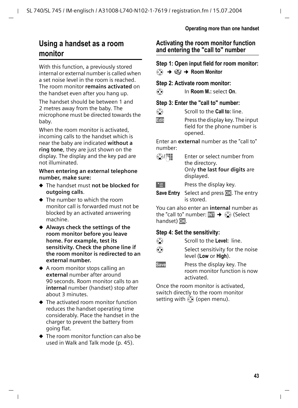 Using a handset as a room monitor | Siemens Gigaset SL 740 User Manual | Page 44 / 76