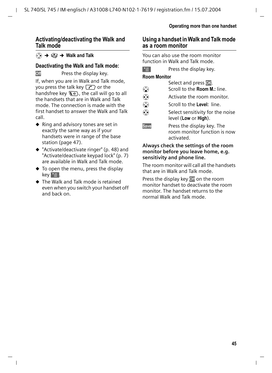 Activating/deactivating the walk and talk mode | Siemens Gigaset SL 740 User Manual | Page 46 / 76