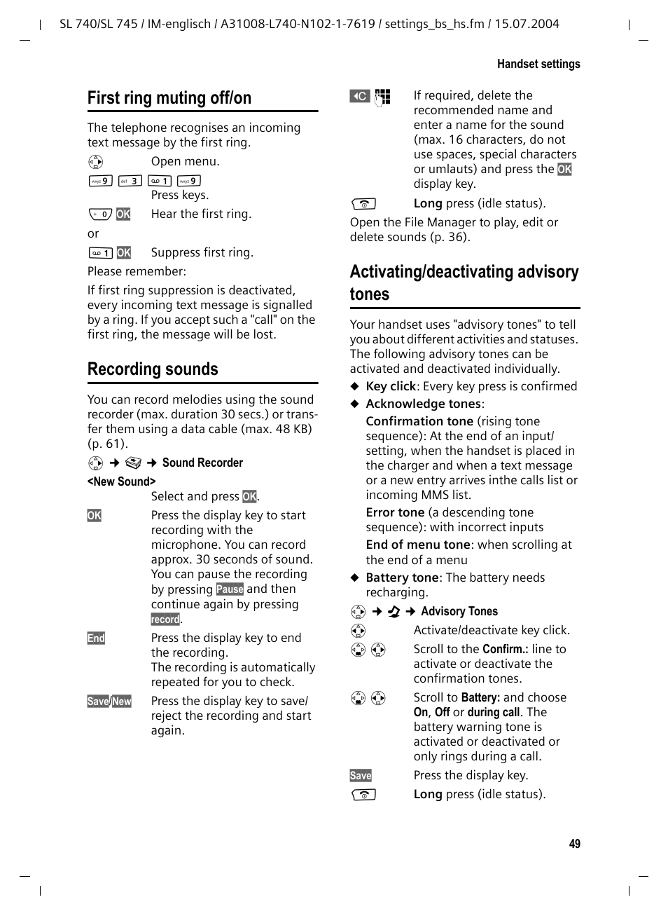 First ring muting off/on, Recording sounds, Activating/deactivating advisory tones | Ne (p. 49), P. 49) | Siemens Gigaset SL 740 User Manual | Page 50 / 76