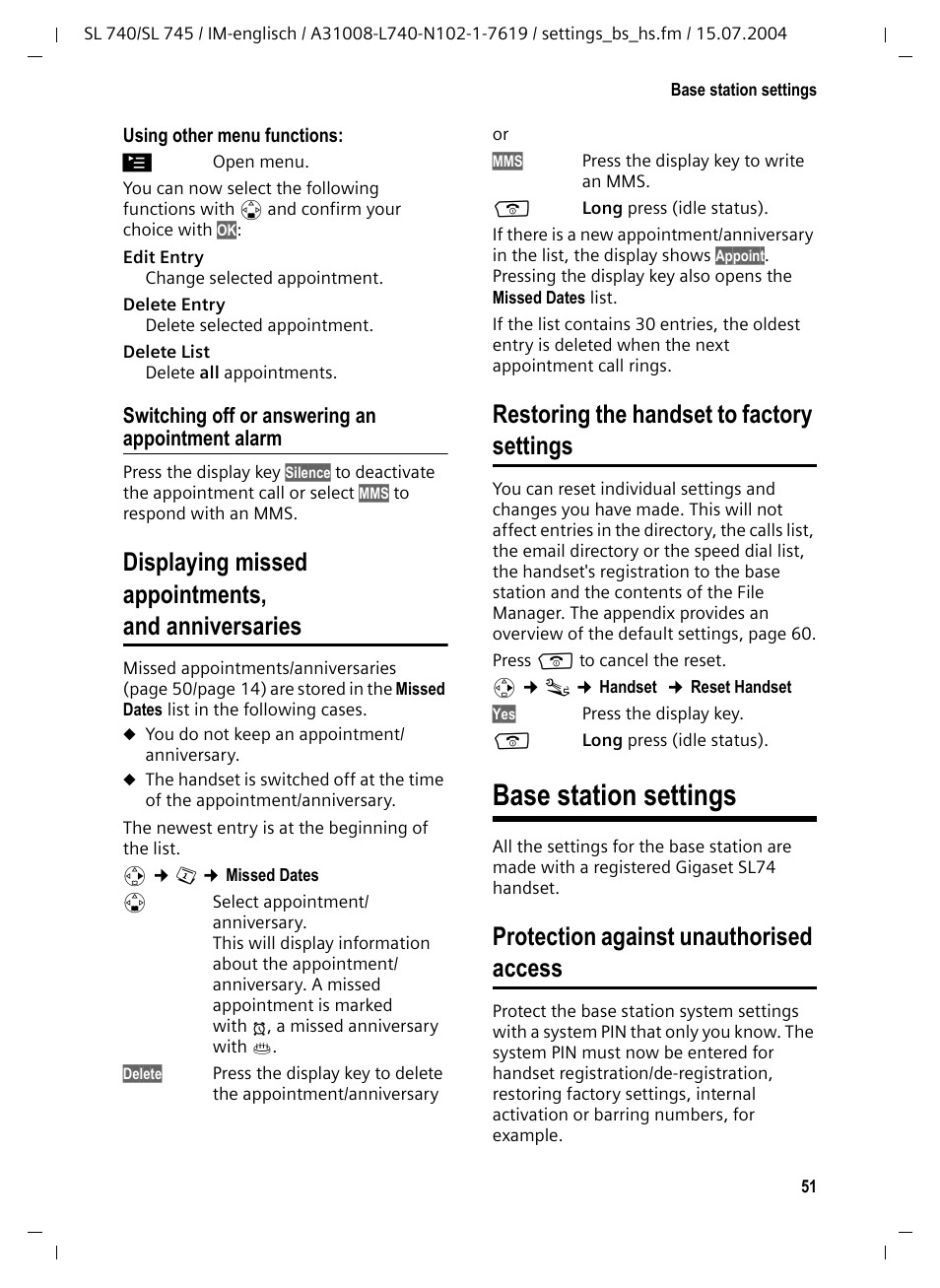 Switching off or answering an appointment alarm, Displaying missed appointments, andanniversaries, Restoring the handset to factory settings | Base station settings, Protection against unauthorised access, Displaying missed appointments, and anniversaries | Siemens Gigaset SL 740 User Manual | Page 52 / 76