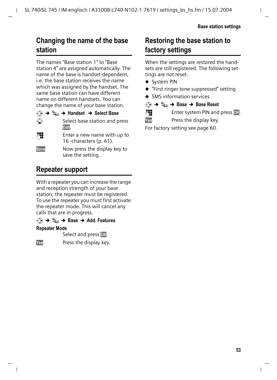 Repeater support, Changing the name of the base station, Restoring the base station to factory settings | Siemens Gigaset SL 740 User Manual | Page 54 / 76