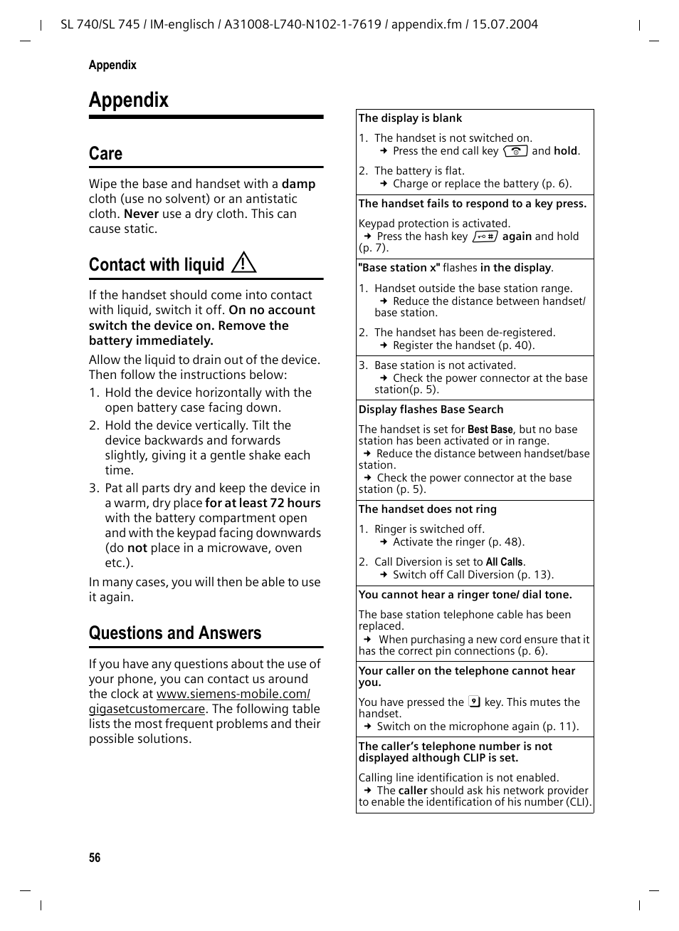 Appendix, Care, Contact with liquid | Questions and answers, Care contact with liquid questions and answers | Siemens Gigaset SL 740 User Manual | Page 57 / 76