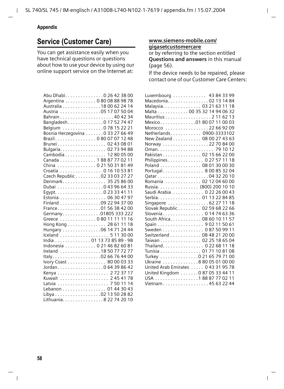 Service (customer care) | Siemens Gigaset SL 740 User Manual | Page 59 / 76