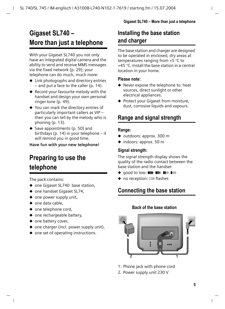 Gigasetsl740 – more than just a telephone, Preparing to use the telephone, Range and signal strength | Connecting the base station, Gigaset sl740 – more than just a telephone, Installing the base station and charger | Siemens Gigaset SL 740 User Manual | Page 6 / 76