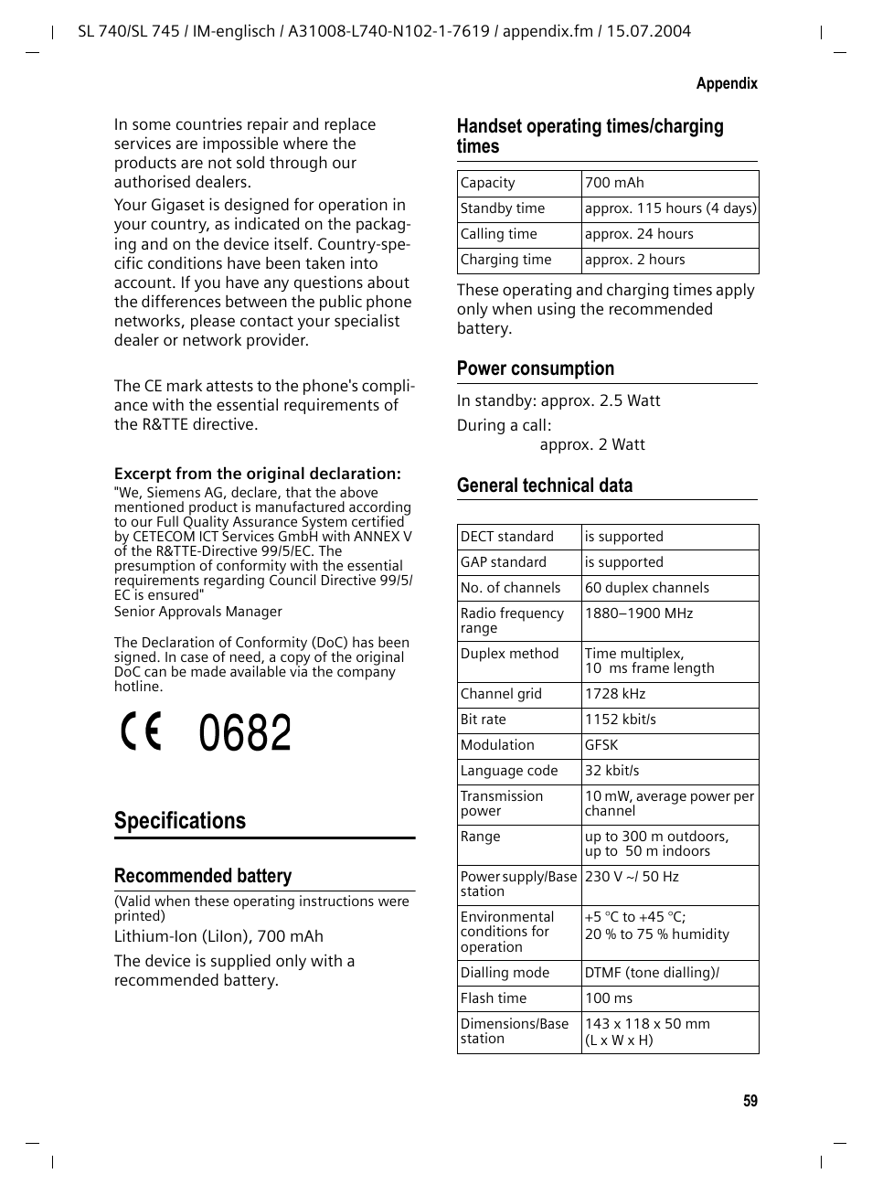 Specifications, Recommended battery, Handset operating times/charging times | Power consumption, General technical data | Siemens Gigaset SL 740 User Manual | Page 60 / 76