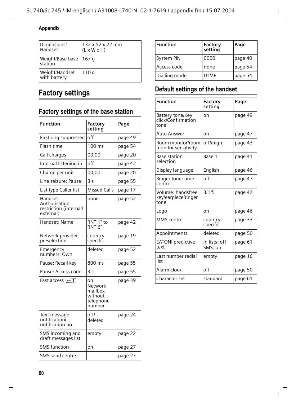 Factory settings, Factory settings of the base station, Default settings of the handset | Siemens Gigaset SL 740 User Manual | Page 61 / 76