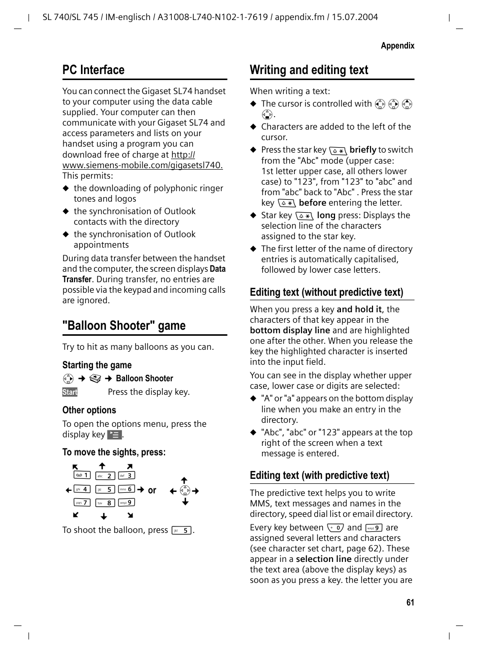 Balloon shooter" game, Editing text (withoutpredictive text), Editing text (with predictive text) | P. 61), Pc interface, Writing and editing text | Siemens Gigaset SL 740 User Manual | Page 62 / 76