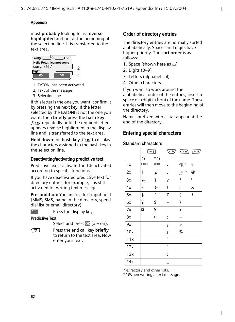 Order of directory entries, Entering special characters, On (p. 62) | Siemens Gigaset SL 740 User Manual | Page 63 / 76