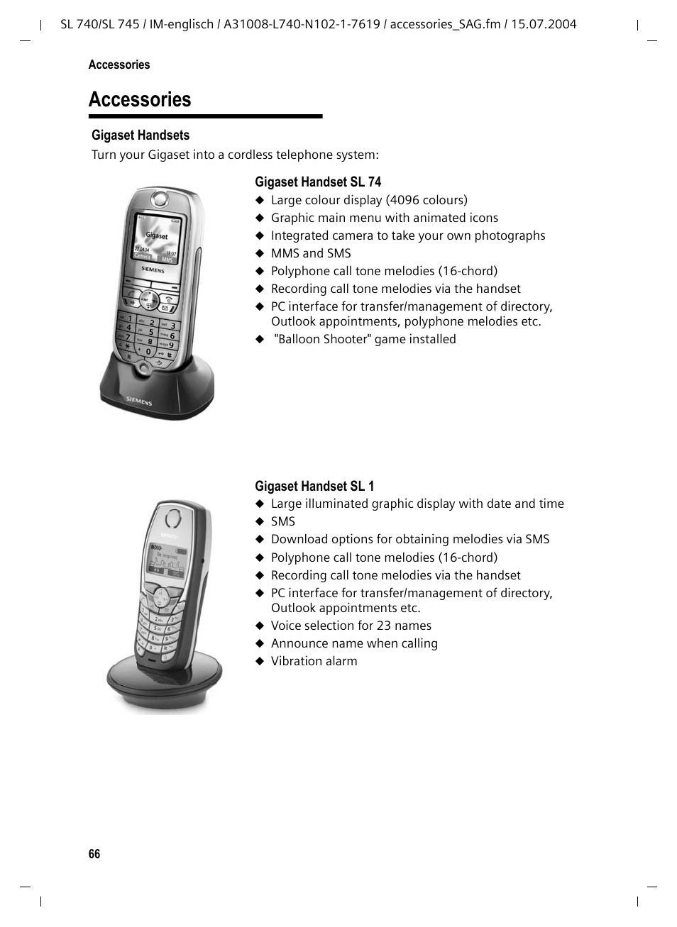 Accessories | Siemens Gigaset SL 740 User Manual | Page 67 / 76