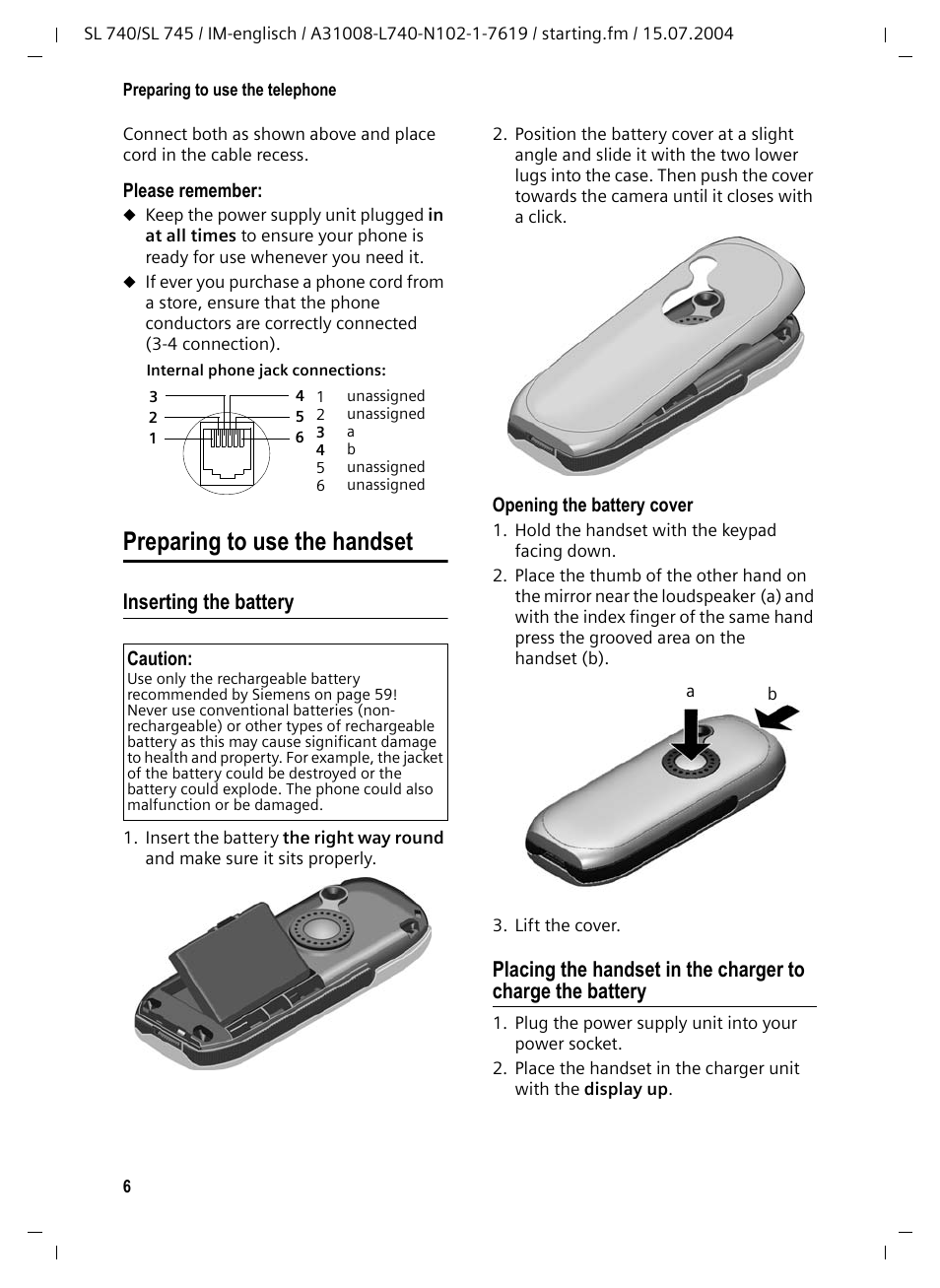 Preparing to use the handset, Inserting the battery | Siemens Gigaset SL 740 User Manual | Page 7 / 76