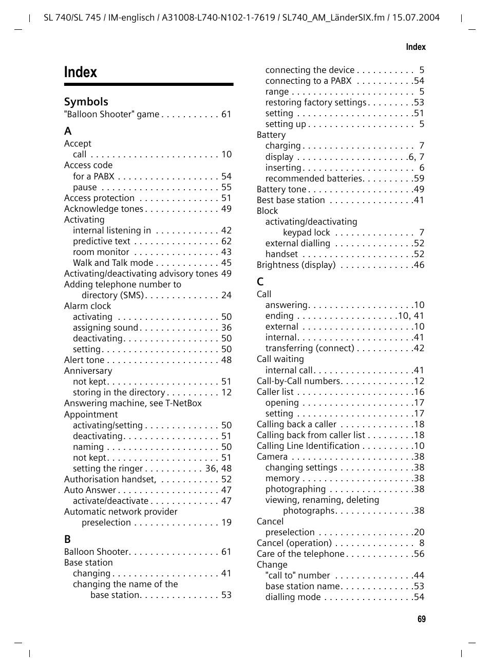 Index, Symbols | Siemens Gigaset SL 740 User Manual | Page 70 / 76