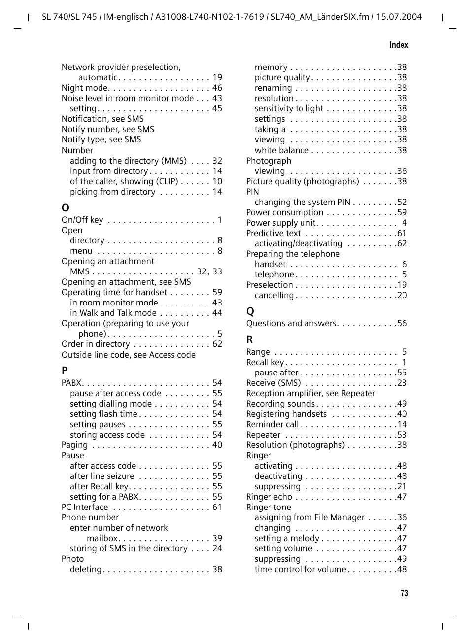 Siemens Gigaset SL 740 User Manual | Page 74 / 76