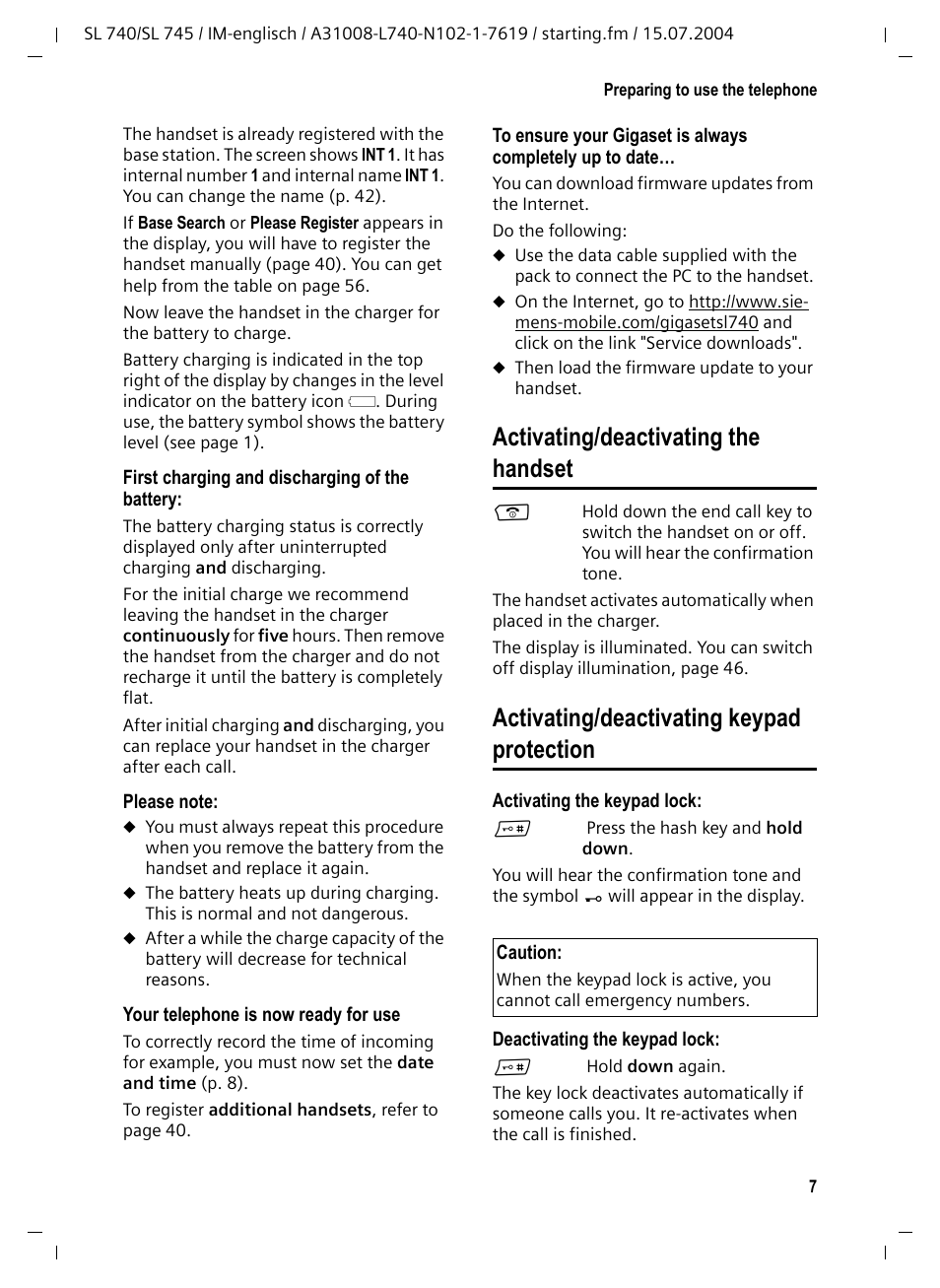 Activating/deactivating the handset, Activating/deactivating keypad protection | Siemens Gigaset SL 740 User Manual | Page 8 / 76