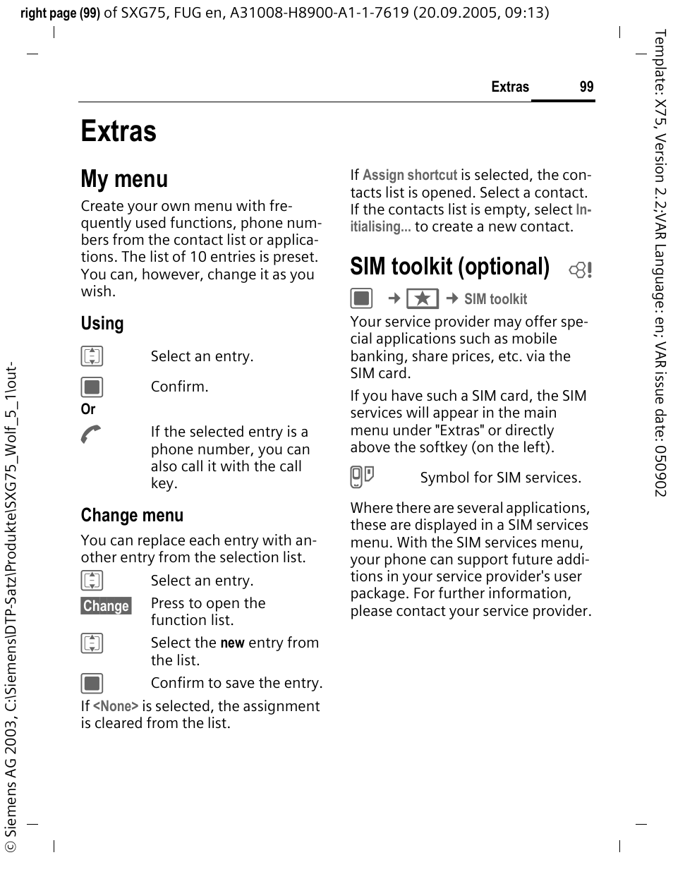 Extras, My menu, Sim toolkit (optional) b | Sim toolkit (optional) | Siemens SXG75 User Manual | Page 100 / 166