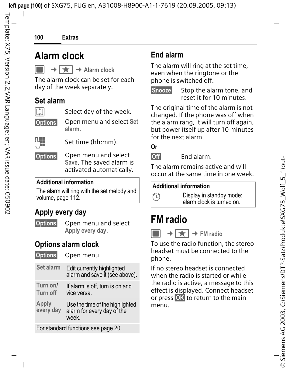 Alarm clock, Fm radio, Set alarm | Apply every day, Options alarm clock, End alarm | Siemens SXG75 User Manual | Page 101 / 166
