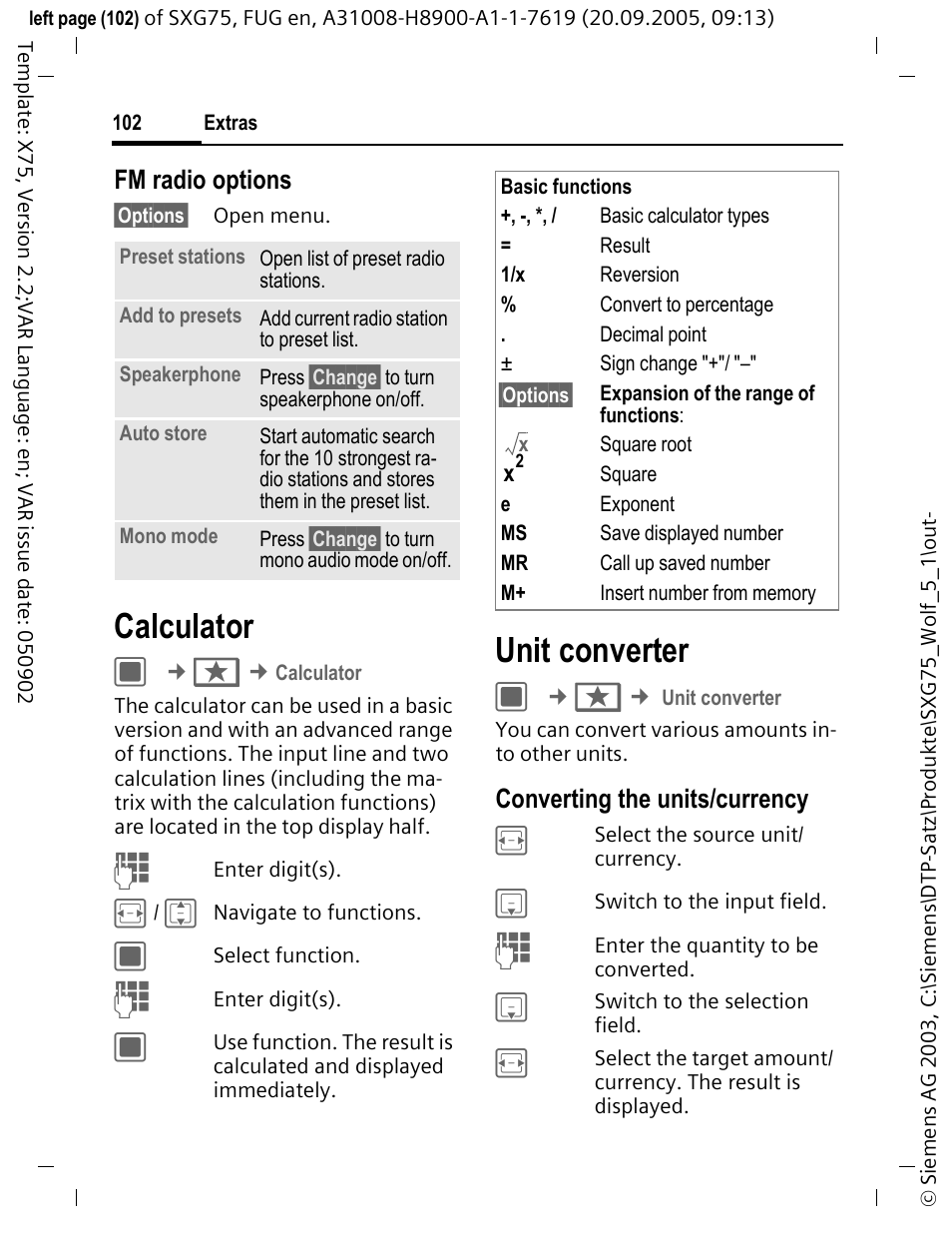 Calculator, Unit converter | Siemens SXG75 User Manual | Page 103 / 166