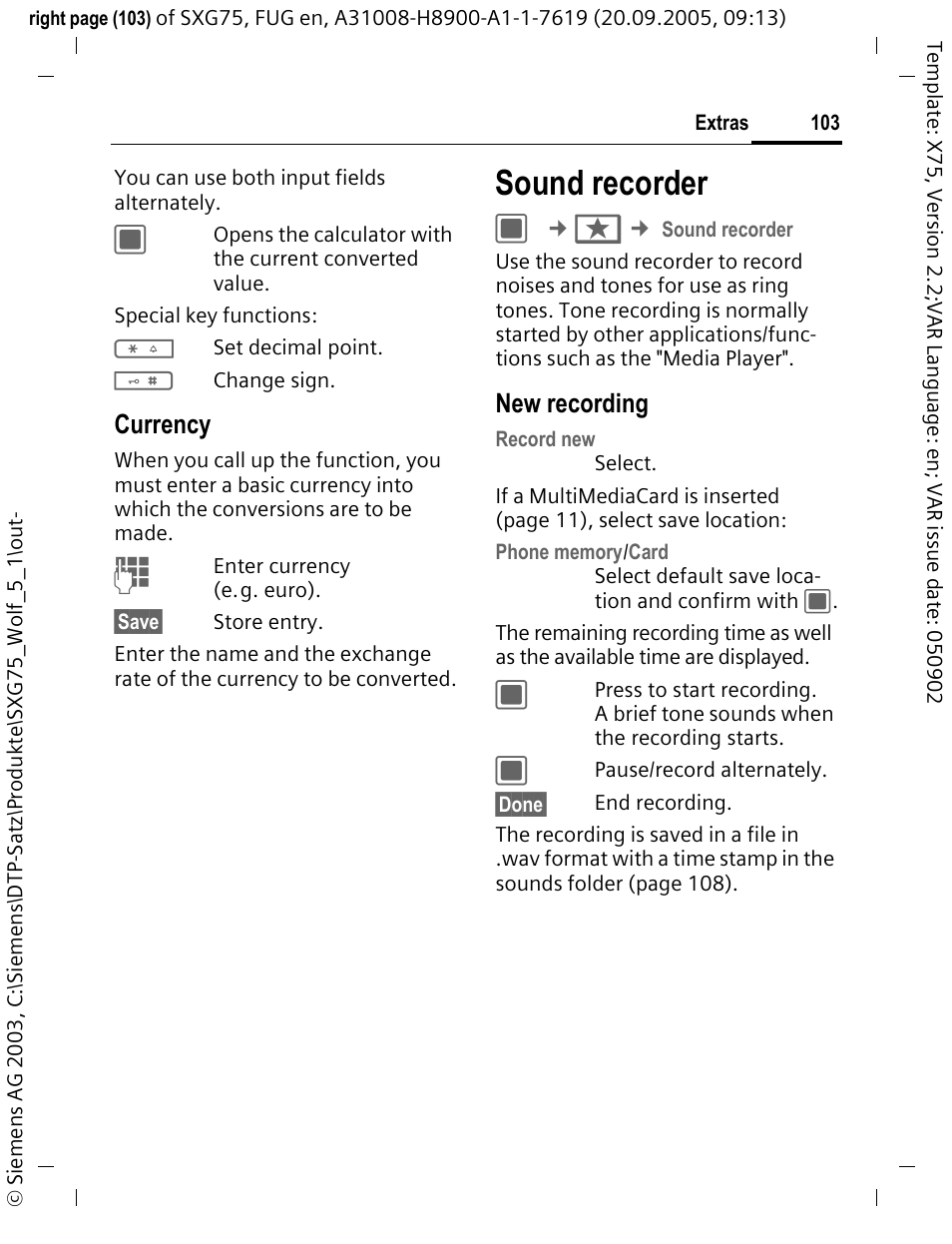 Sound recorder, Currency, New recording | Siemens SXG75 User Manual | Page 104 / 166