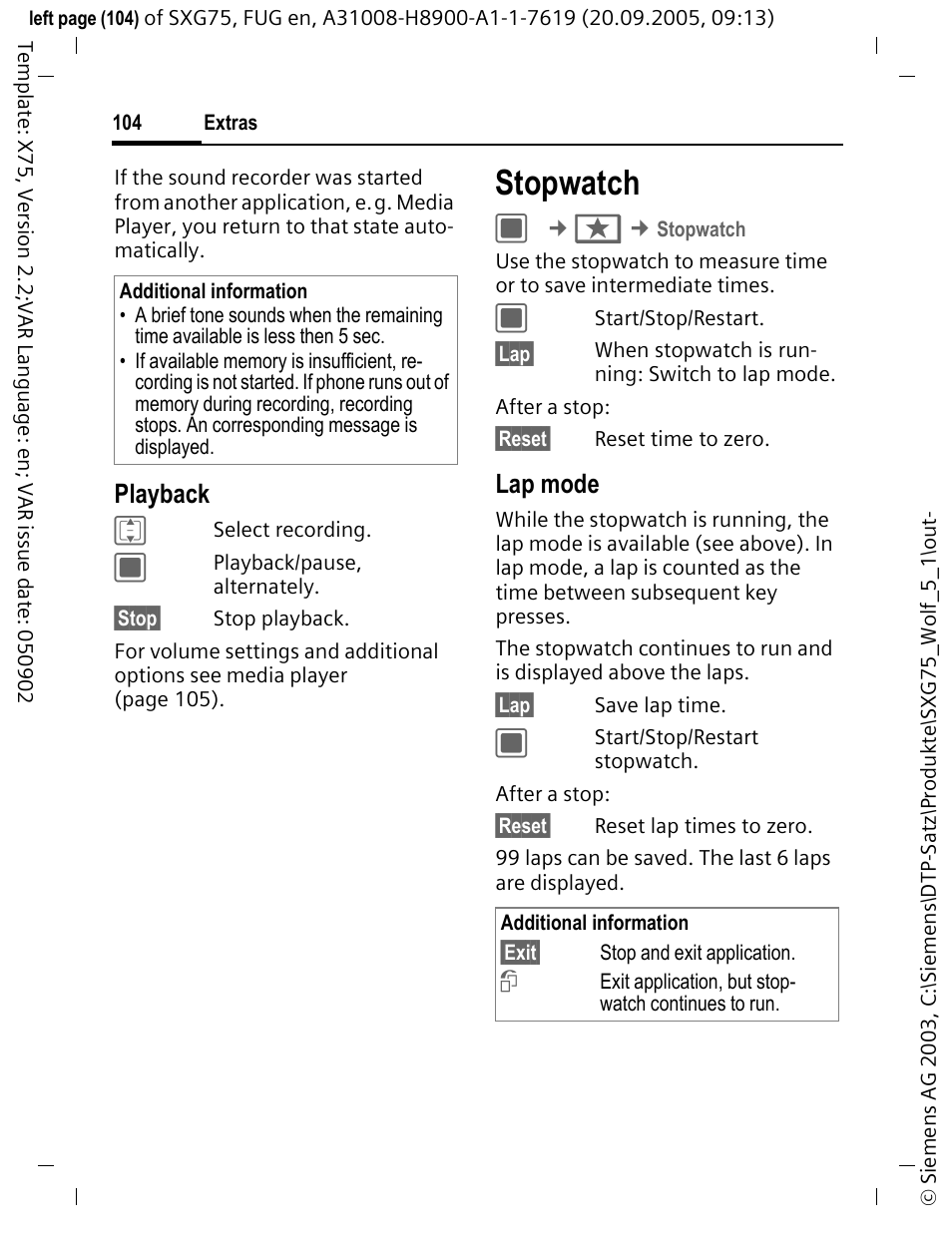 Stopwatch, Playback, Lap mode | Siemens SXG75 User Manual | Page 105 / 166