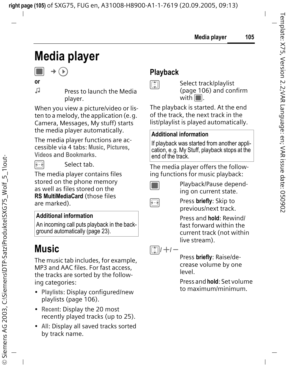 Media player, Music, Playback | Siemens SXG75 User Manual | Page 106 / 166