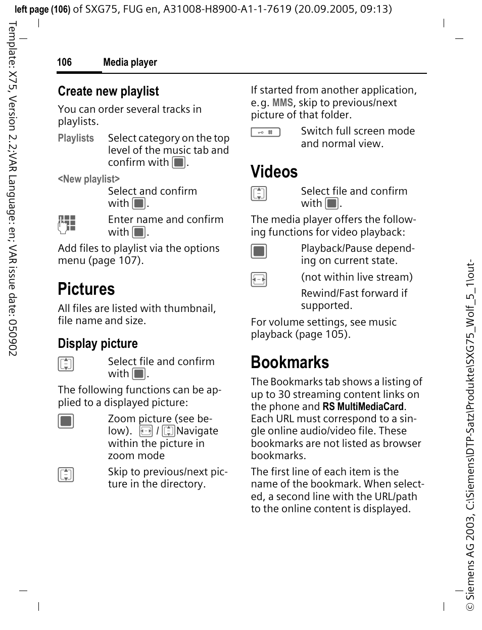 Pictures, Videos, Bookmarks | Create new playlist, Display picture | Siemens SXG75 User Manual | Page 107 / 166