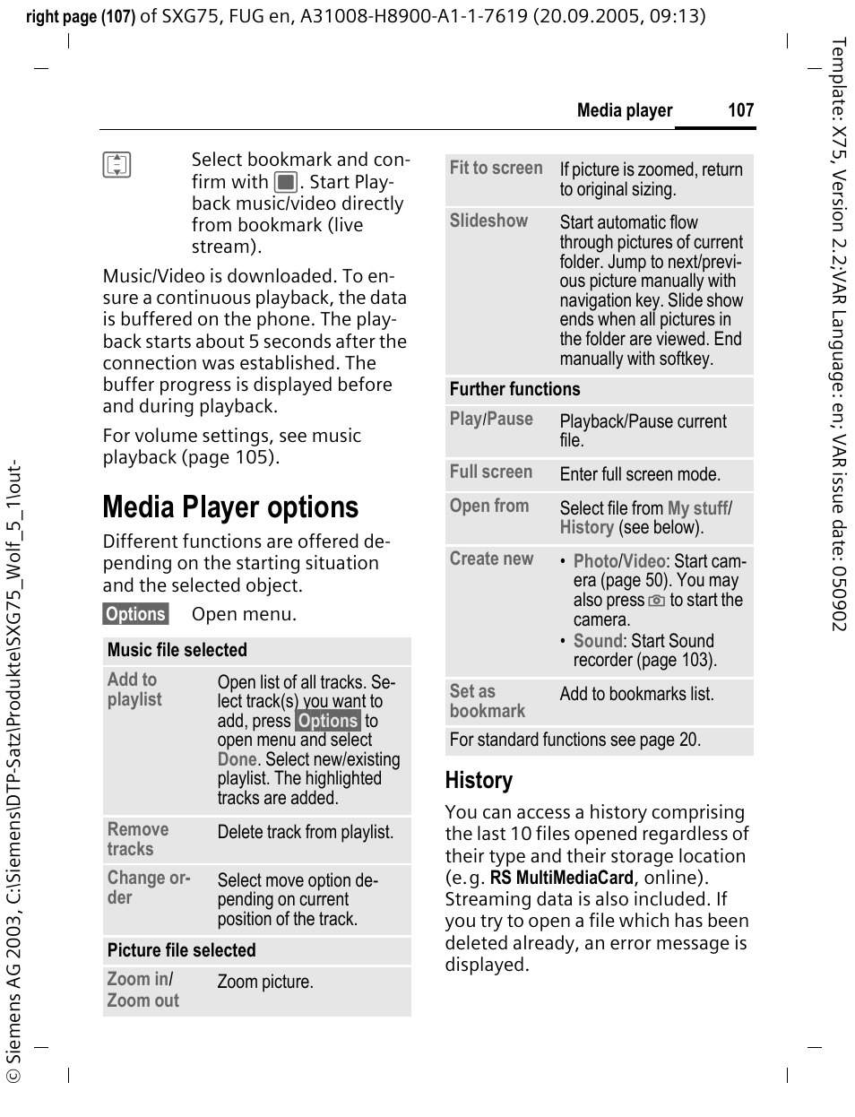 Media player options, History | Siemens SXG75 User Manual | Page 108 / 166