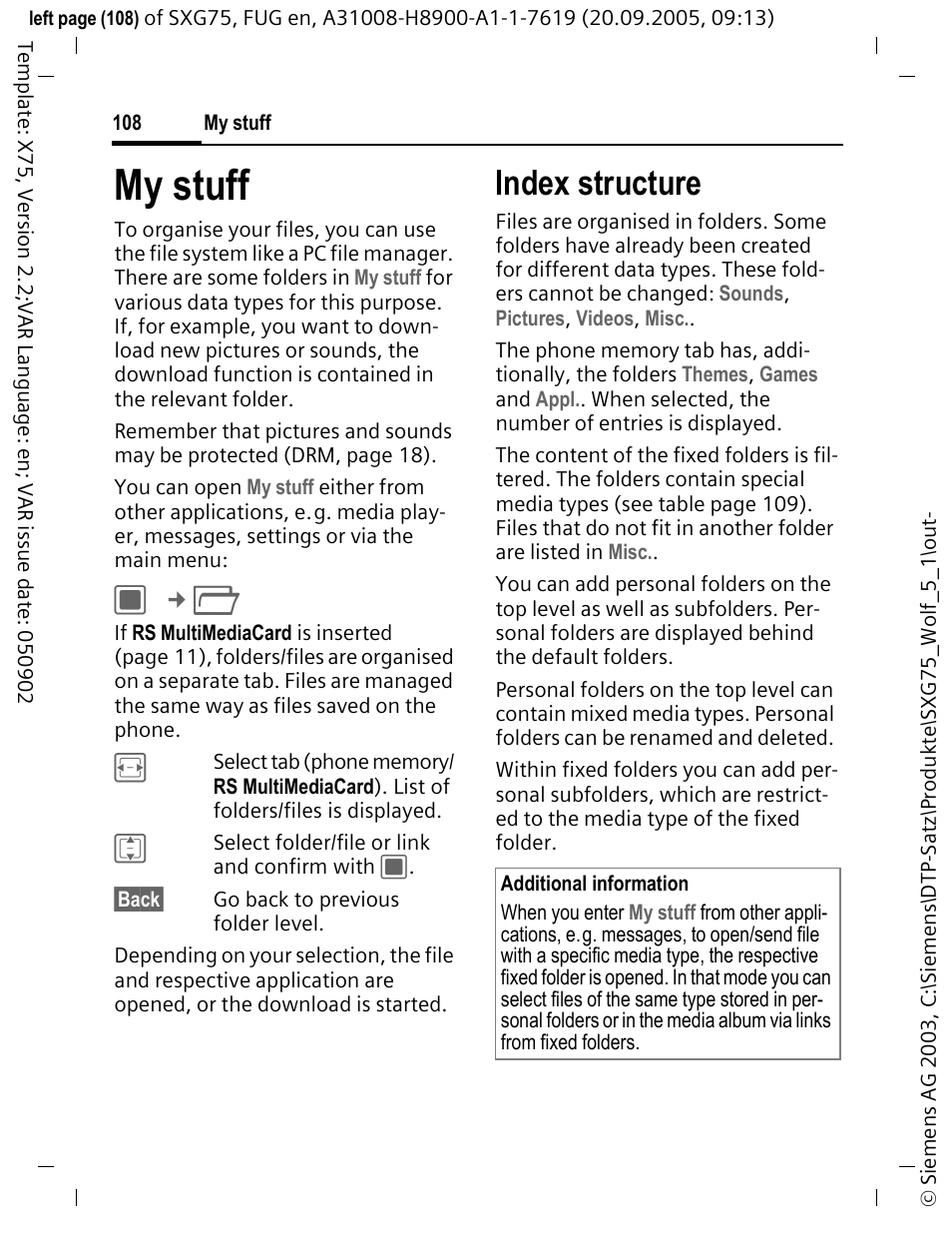 My stuff, Index structure | Siemens SXG75 User Manual | Page 109 / 166