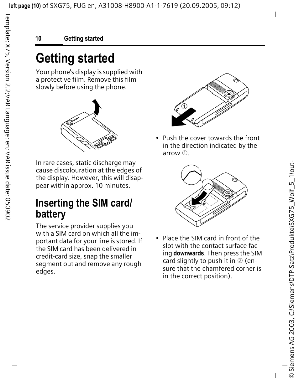 Getting started, Inserting the sim card/ battery, Inserting the sim card | Battery | Siemens SXG75 User Manual | Page 11 / 166