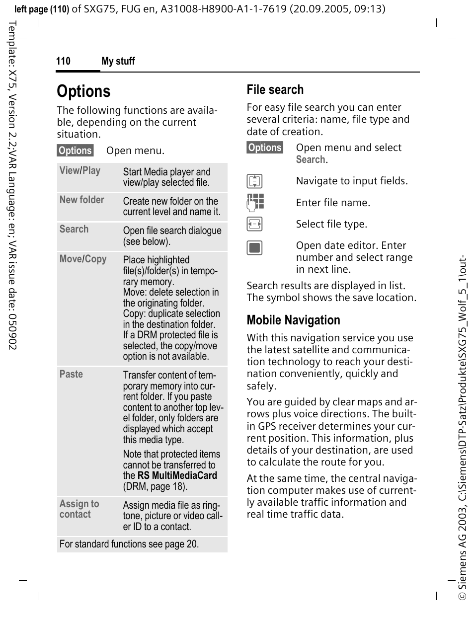 Options, File search, Mobile navigation | Siemens SXG75 User Manual | Page 111 / 166