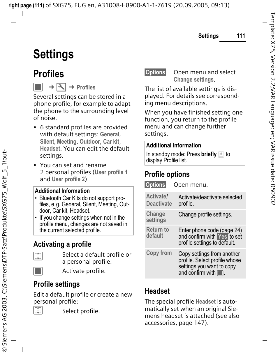 Settings, Profiles, Activating a profile | Profile settings, Profile options, Headset | Siemens SXG75 User Manual | Page 112 / 166