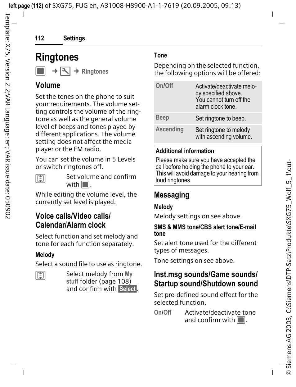 Ringtones, Volume, Voice calls/video calls/ calendar/alarm clock | Messaging | Siemens SXG75 User Manual | Page 113 / 166