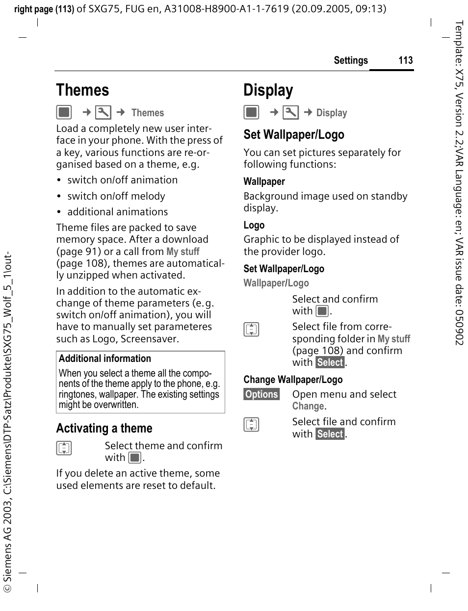 Themes, Display, Activating a theme | Set wallpaper/logo | Siemens SXG75 User Manual | Page 114 / 166
