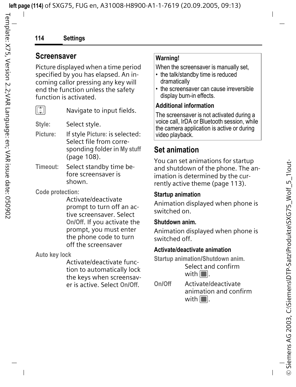 Screensaver, Set animation | Siemens SXG75 User Manual | Page 115 / 166