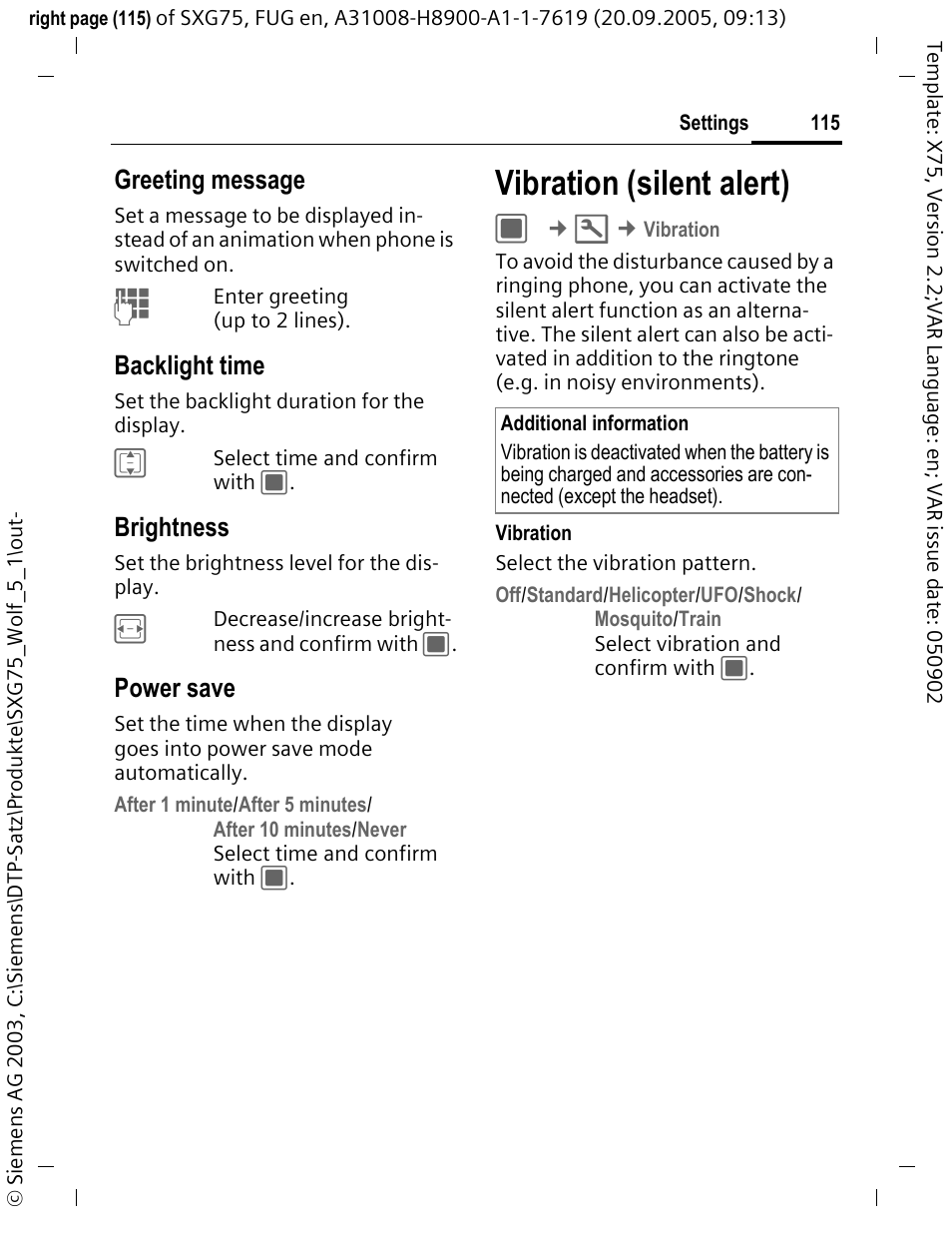 Vibration (silent alert), Greeting message, Backlight time | Brightness, Power save | Siemens SXG75 User Manual | Page 116 / 166