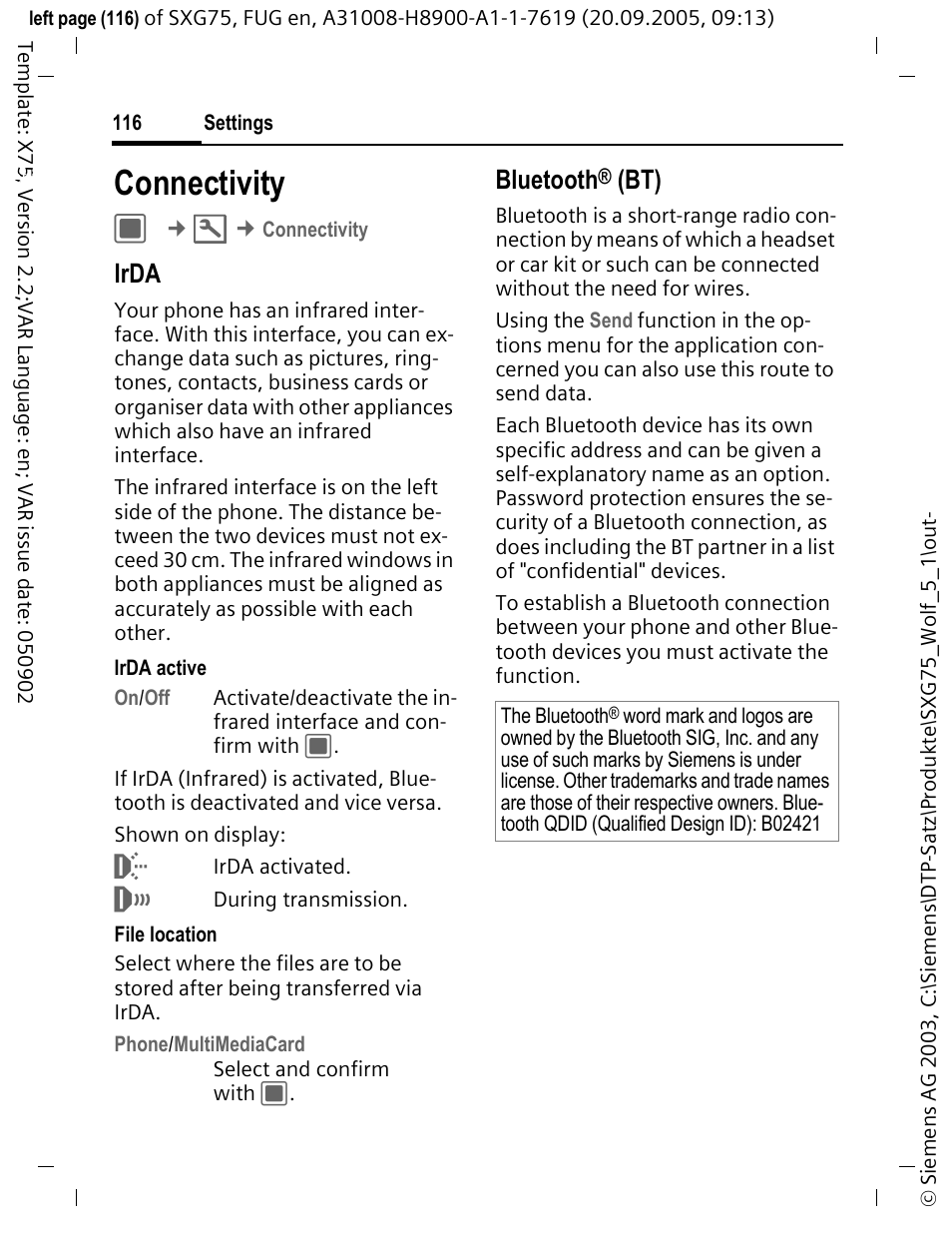 Connectivity, Irda, Bluetooth | Siemens SXG75 User Manual | Page 117 / 166
