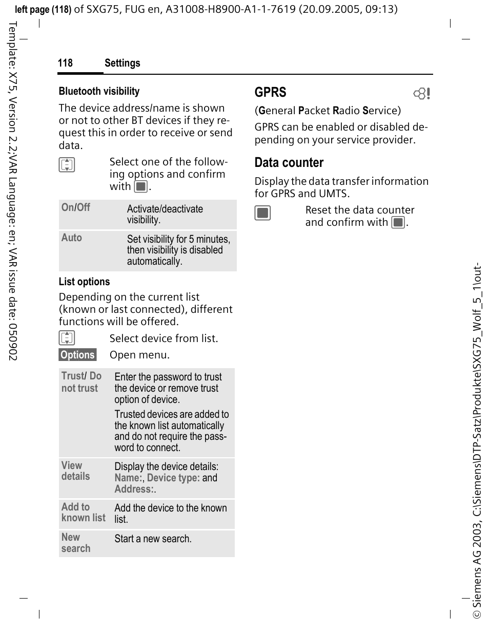 Gprs b, Data counter | Siemens SXG75 User Manual | Page 119 / 166