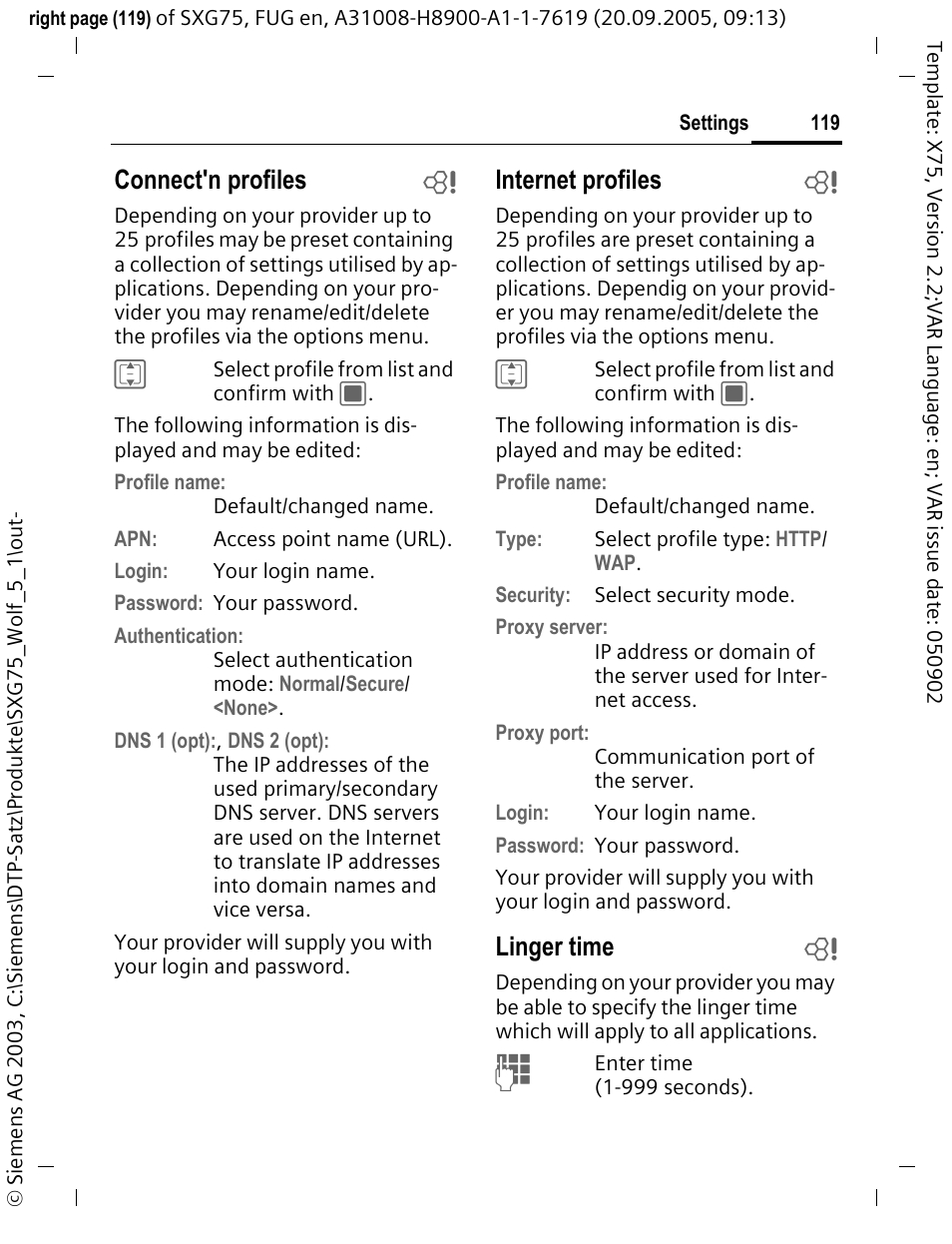 Connect'n profiles b, Internet profiles b, Linger time b | Siemens SXG75 User Manual | Page 120 / 166