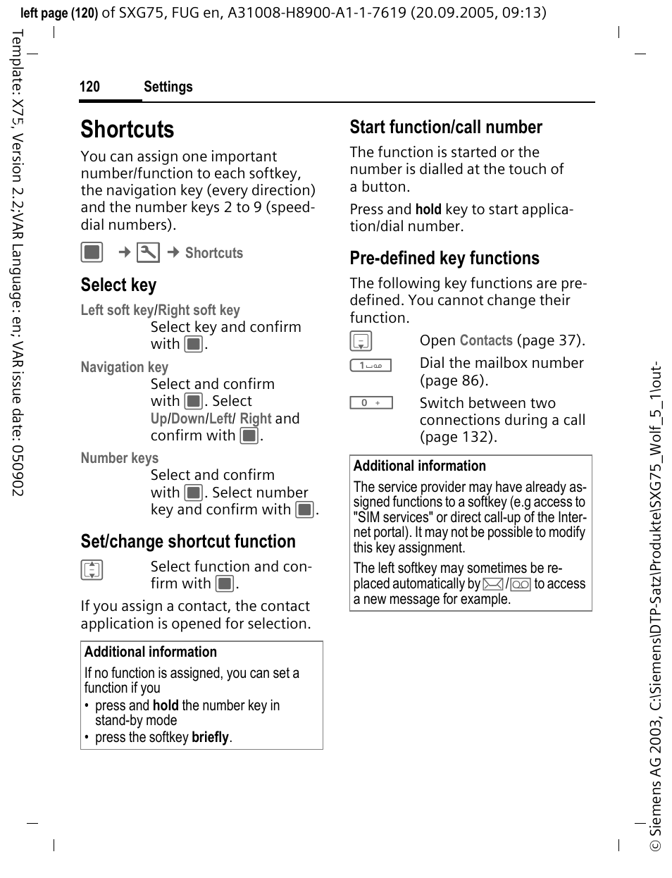 Shortcuts, Select key, Set/change shortcut function | Start function/call number, Pre-defined key functions | Siemens SXG75 User Manual | Page 121 / 166