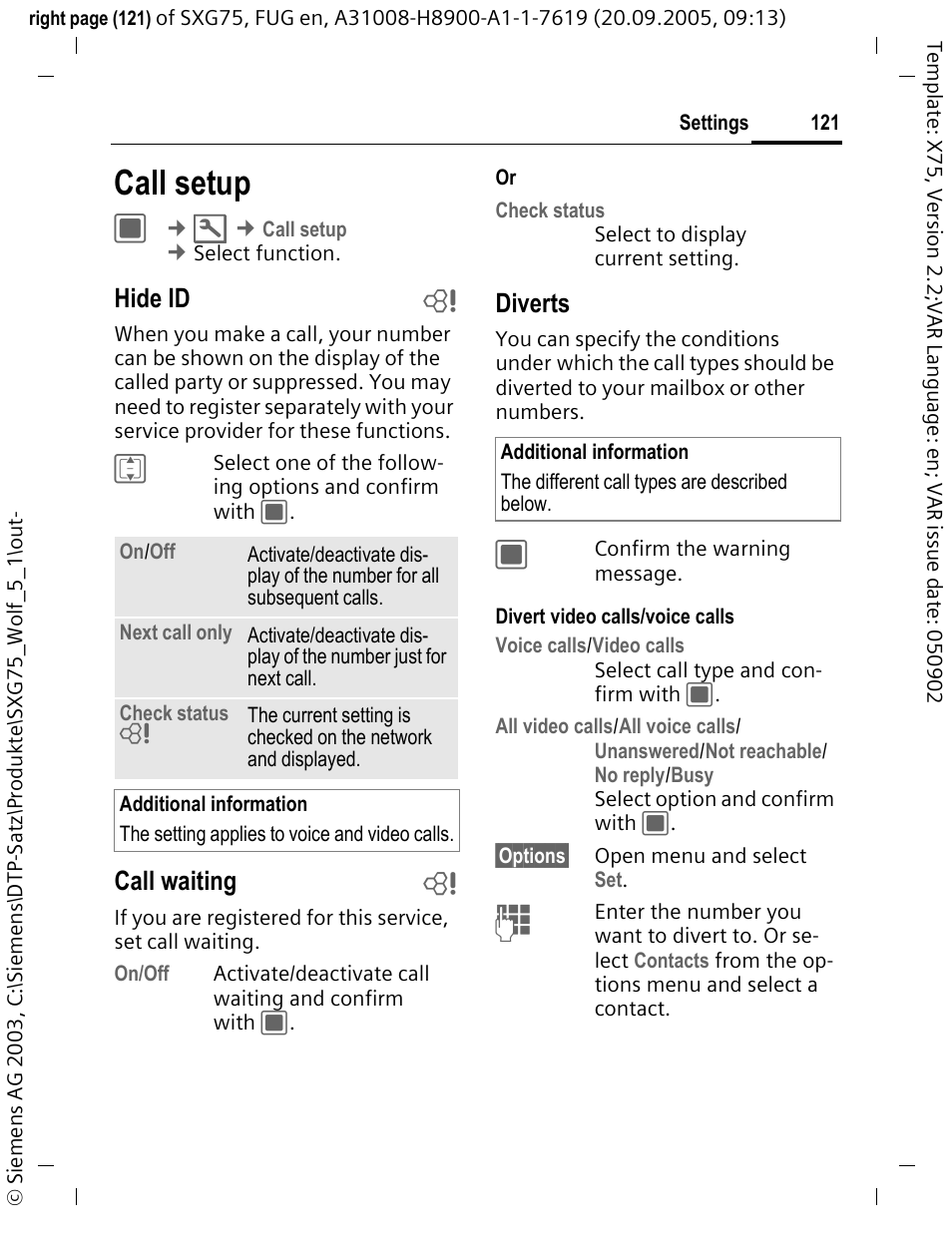 Call setup, Hide id b, Call waiting b | Diverts | Siemens SXG75 User Manual | Page 122 / 166