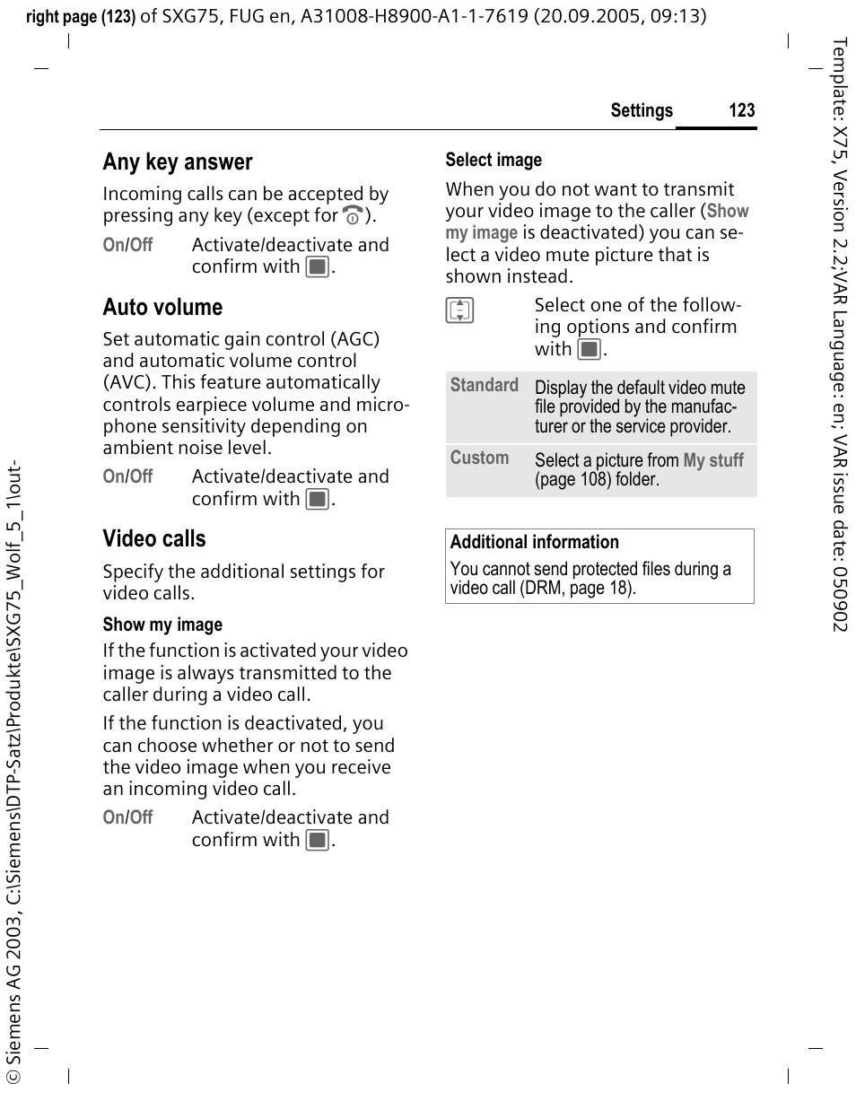 Any key answer, Auto volume, Video calls | Siemens SXG75 User Manual | Page 124 / 166